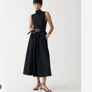 NWT J. Crew Fitted Knit Mockneck Dress with Poplin Midi Skirt Black Sz XS